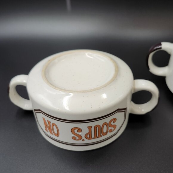 Vintage Pair Speckled Ceramic Soup Bowls Dual Handle - Picture 4 of 5